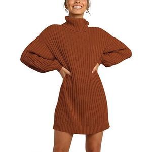 Caramel Turtleneck Long Lantern Sleeve Casual Loose Oversized Sweater Dress
